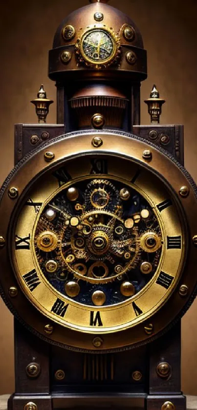 Intricate steampunk clock with vintage brass gears on a bronze background.