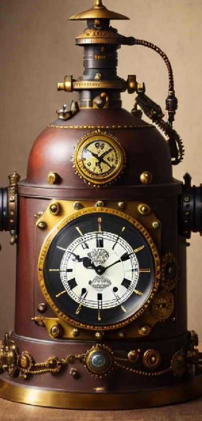 Intricate vintage steampunk clock with bronze and gear detailing.