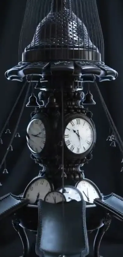 Steampunk clock with vintage design and elegant details on black background.