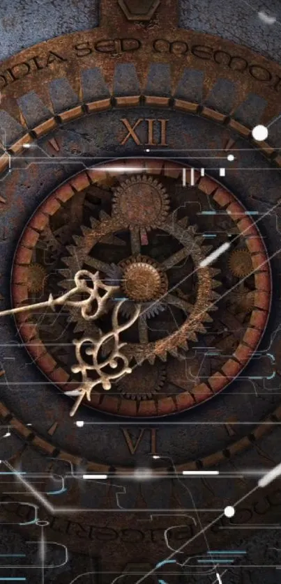 Intricate steampunk clock with gears and Roman numerals.