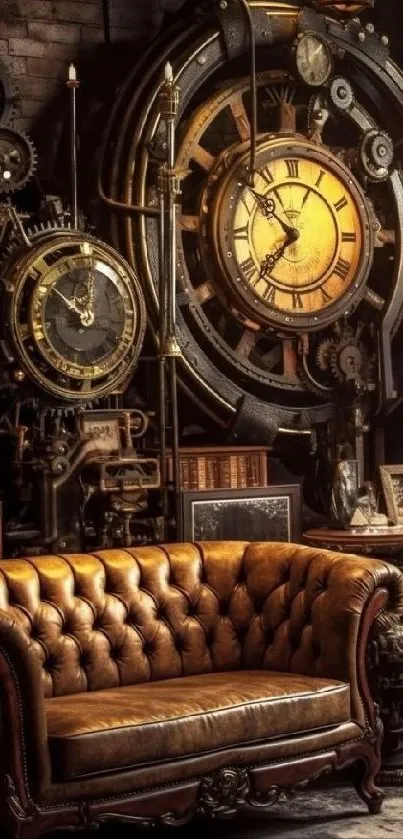 Steampunk wallpaper with vintage clocks and leather couch.