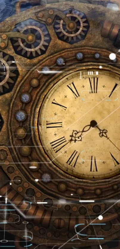 Steampunk clock with gears and Roman numerals on a brown background.