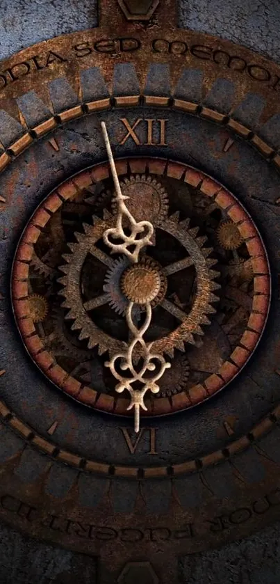 Intricate steampunk clock with gears and Roman numerals on a vintage-style wallpaper.