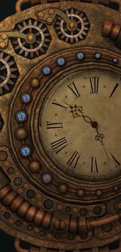 Steampunk clock wallpaper with intricate gears and copper tones.