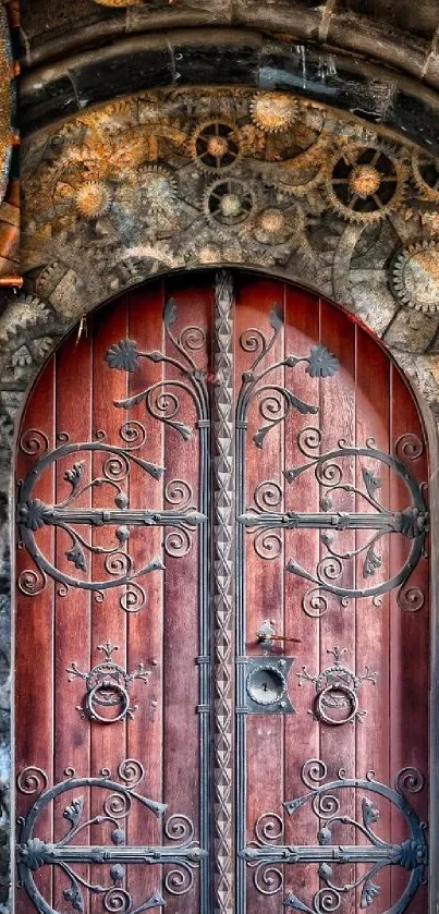 Ornate medieval door with intricate ironwork and golden gears in a rustic setting.