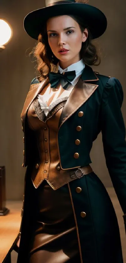 Portrait of a woman in vintage steampunk fashion with leather accents.