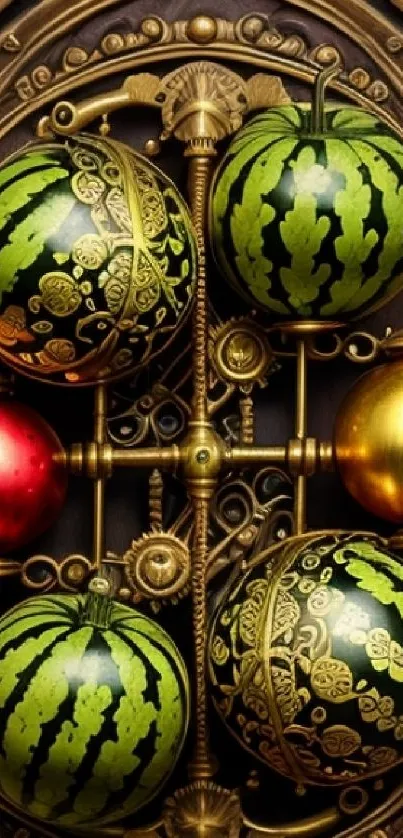Steampunk-inspired wallpaper with ornate mechanical fruits.