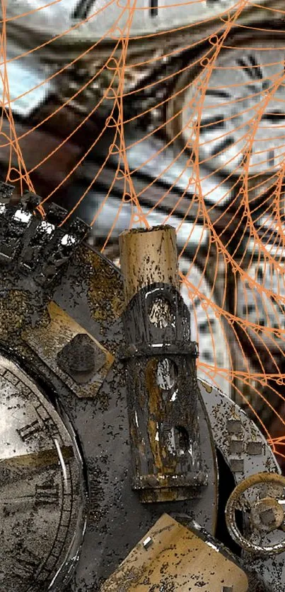 Steampunk wallpaper with gears and clocks in rustic orange tones.