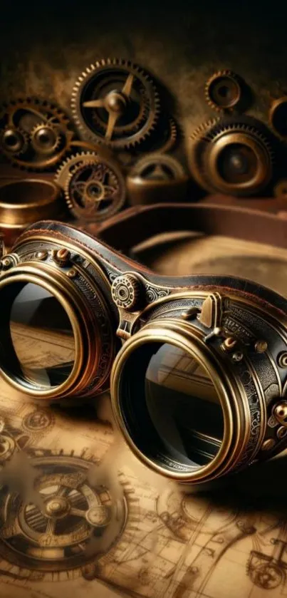 Steampunk goggles with gears on a vintage map background.