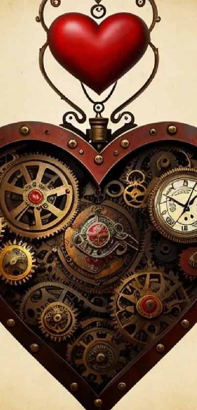 Steampunk heart with gears and vintage design as mobile wallpaper.