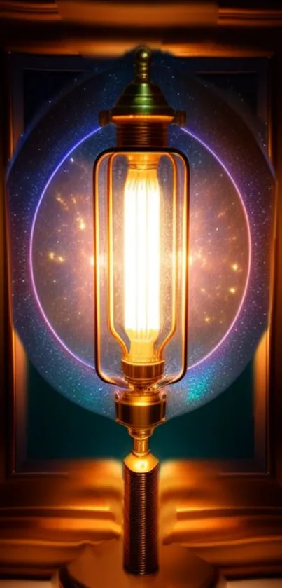 Steampunk-style glowing light bulb with cosmic background.