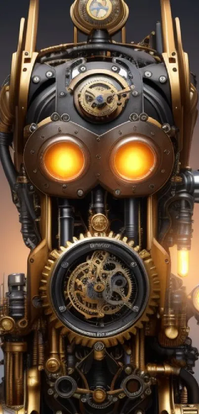 Steampunk machine design with gears and glowing elements.