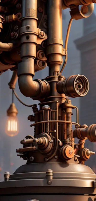 Steampunk mechanical design with pipes and glowing bulbs.