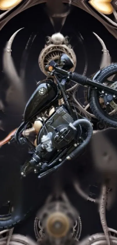 Vintage steampunk motorcycle with intricate design on black background.