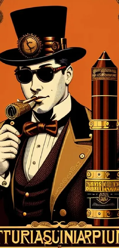 Steampunk gentleman in vintage attire on mobile wallpaper with clockwork elements.