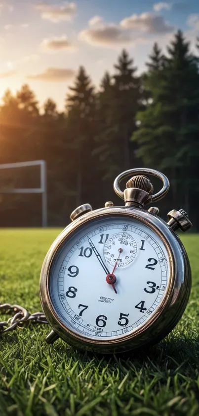 Vintage stopwatch lying on green grass at sunset.