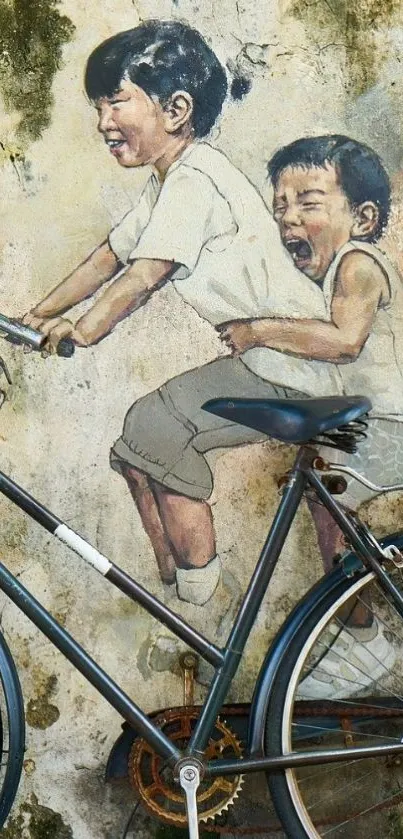 Children playing mural mobile wallpaper with vintage bicycle.