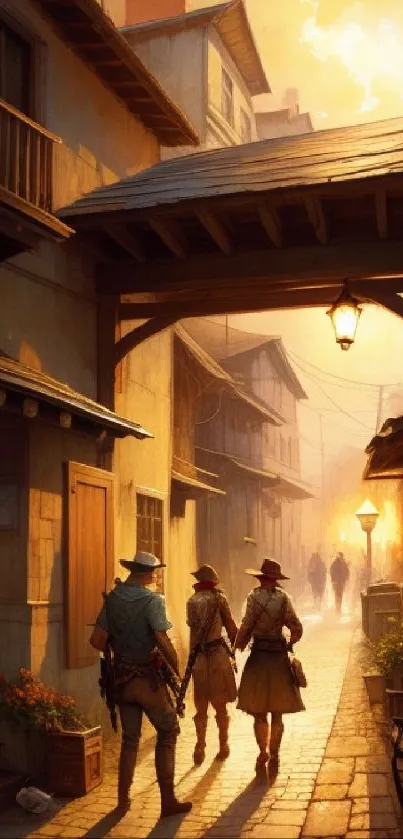 Vintage street with evening glow and three figures walking.