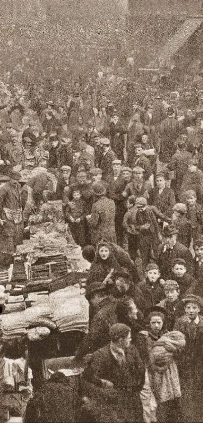 Sepia-toned crowded vintage street market with bustling activity.