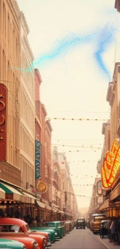 Vintage street with classic cars and neon signs wallpaper.