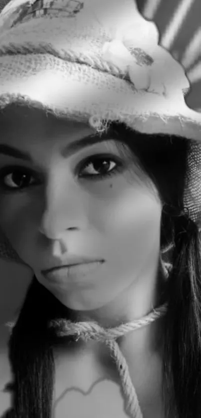 Black and white portrait of a person in a vintage hat with shadows.