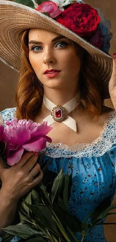 Vintage-style woman with flowers and hat in a blue dress on a brown background.