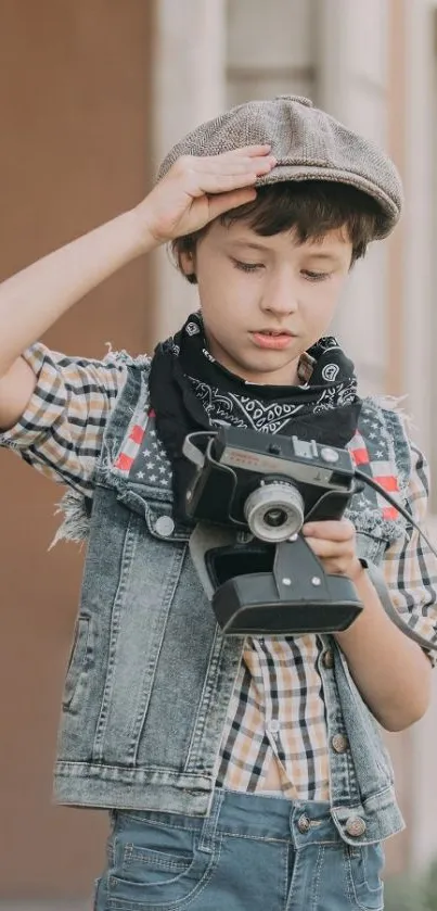 Young boy in vintage style capturing moments with a retro camera.