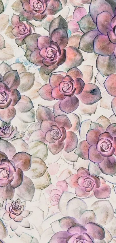 Vintage succulent art wallpaper with pink and green hues.