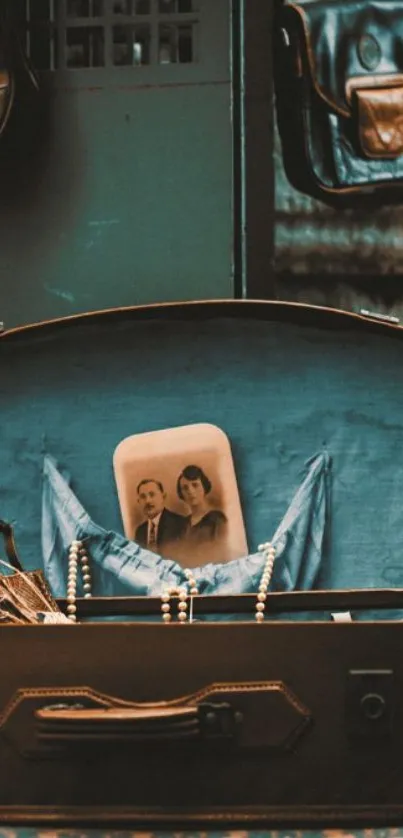 Open suitcase with old photo in teal vintage setting.