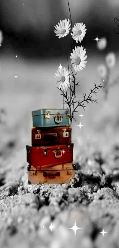 Vintage suitcases stacked with daisies against a blurred background.