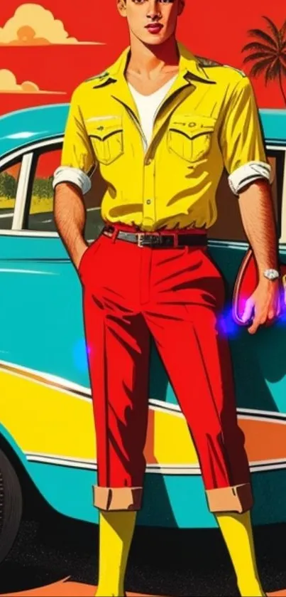 Retro art of a man with a classic car in bright colors.