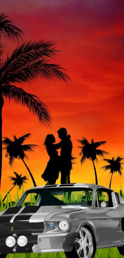 Classic car with sunset and palms, vibrant mobile wallpaper.