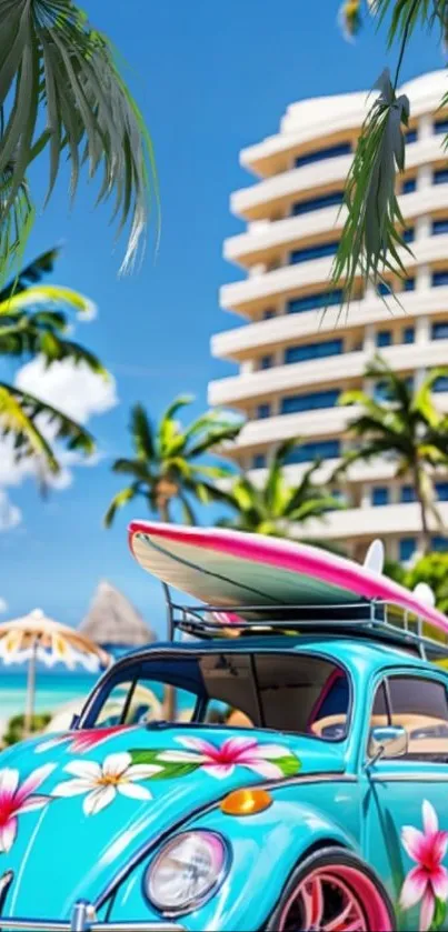 A vintage car with a surfboard on a tropical beach.