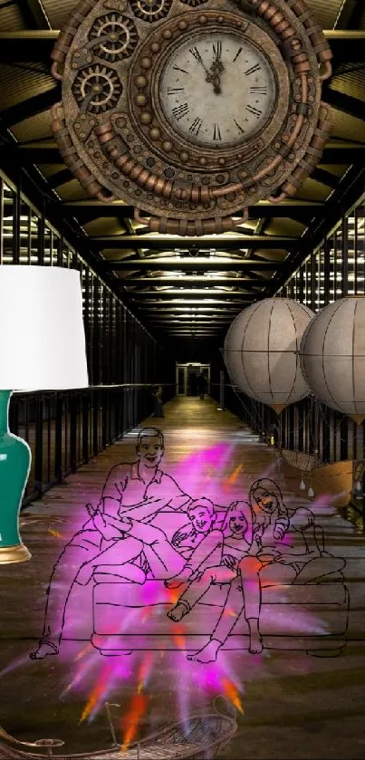 Surreal wallpaper with a clock, lamp, and pathway.