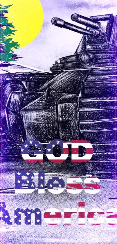 Anime girl with tank and 'God Bless America' in a monochrome setting.