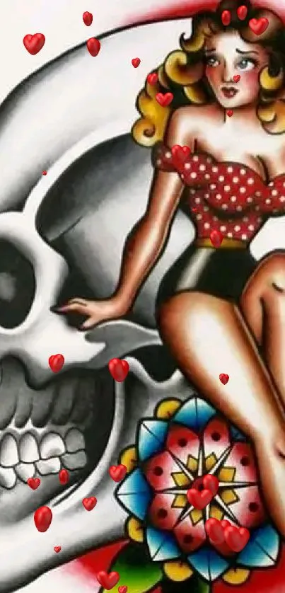 Vintage tattoo art with skull and pin-up girl design.