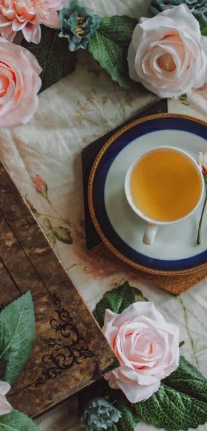 Vintage wallpaper with a cup of tea and roses.