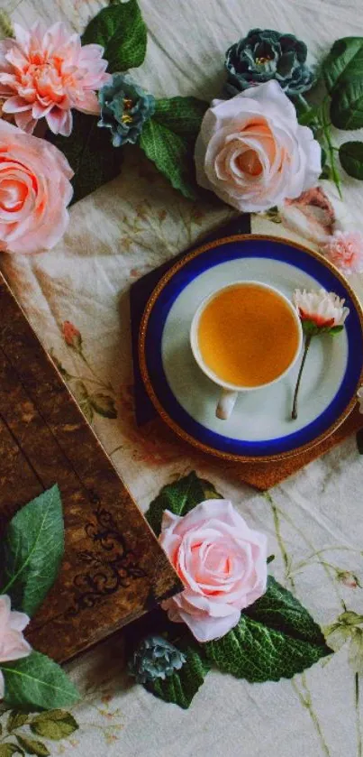 Vintage tea and roses wallpaper with a classic book.