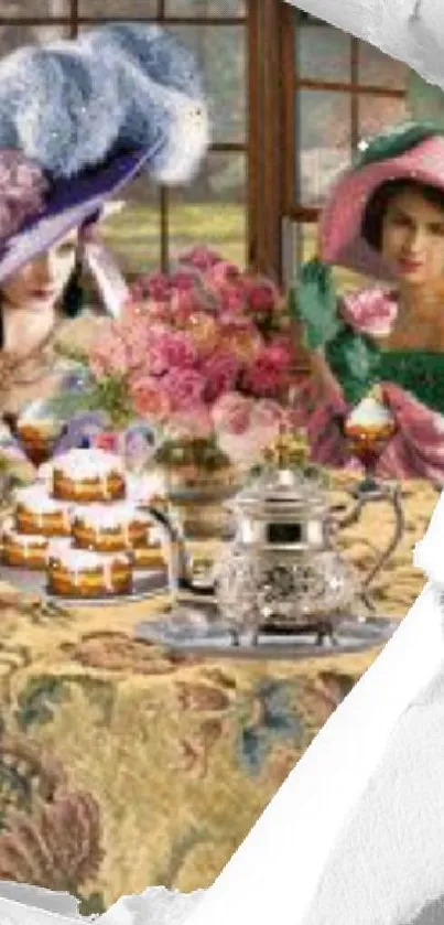 Vintage tea party scene with elegant hats, floral centerpiece, and tea set.