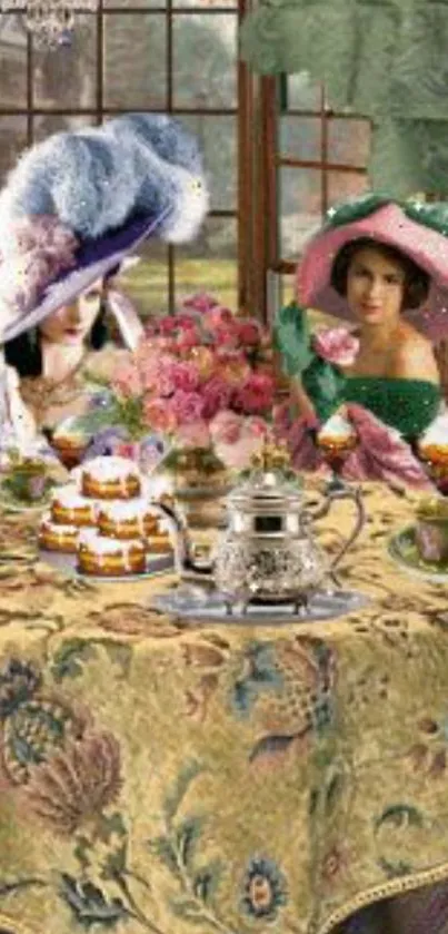 Vintage tea party scene with elegant ladies.