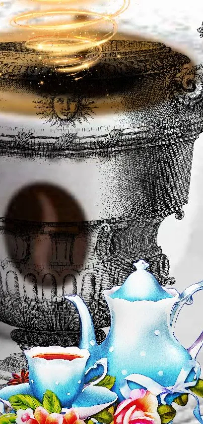 Vintage wallpaper with silver urn and blue tea set.