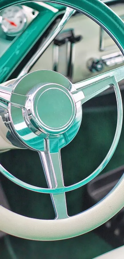 Vintage teal car steering wheel and dashboard for mobile wallpaper.