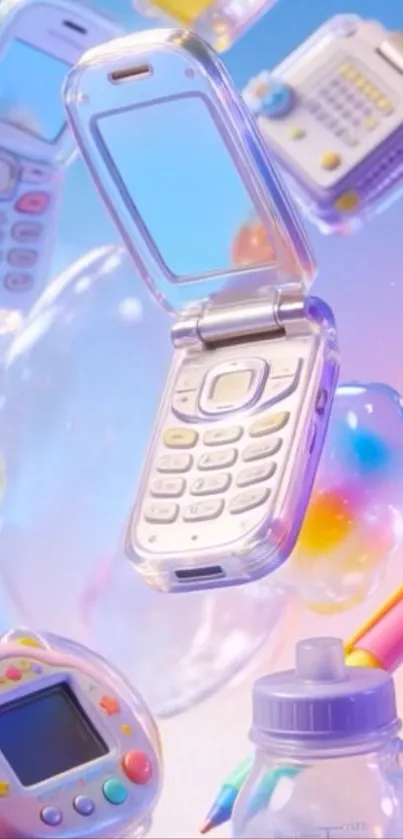 Colorful vintage tech with floating phones and toys.