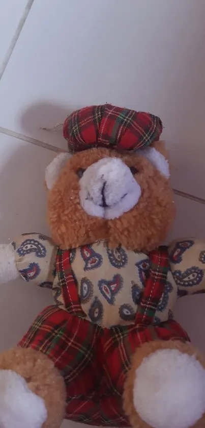 Vintage teddy bear with plaid clothes on a light background.