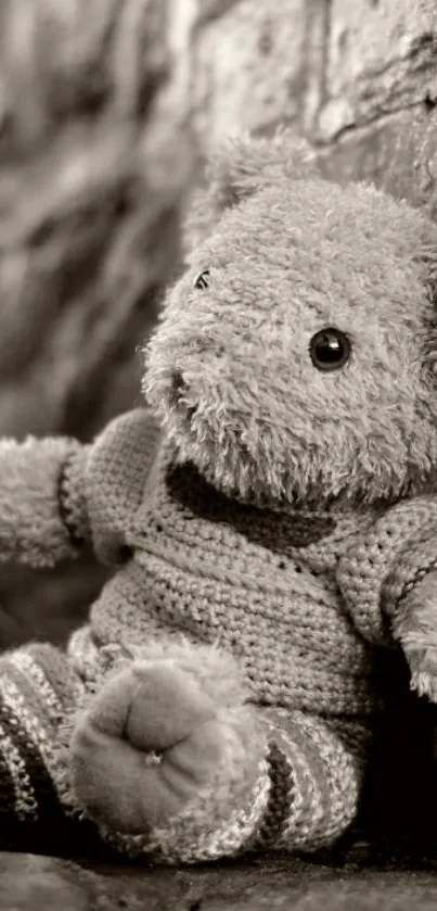 Vintage teddy bear with knitted outfit in sepia hues.