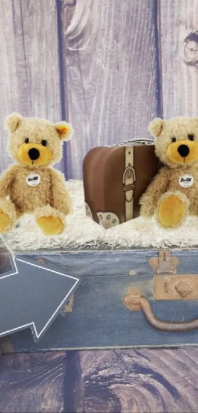 Vintage-themed wallpaper with teddy bears and suitcases.