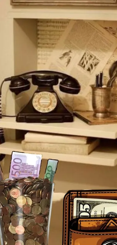 Vintage phone with coins and currency artwork in a classic setting.