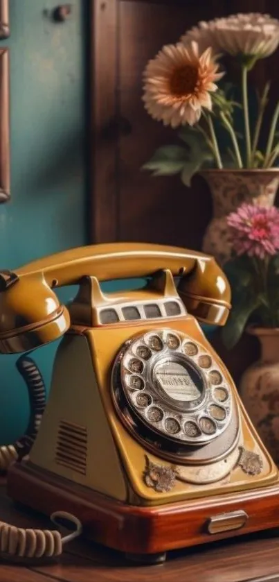 Vintage rotary phone with floral vase on table.