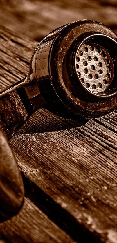 Sepia-toned vintage telephone on wooden surface, creating a retro aesthetic.