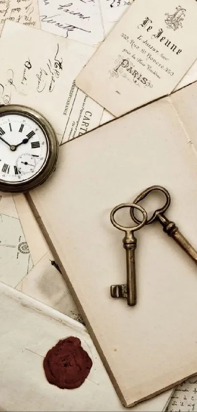 Vintage wallpaper with pocket watch, keys, and letters.